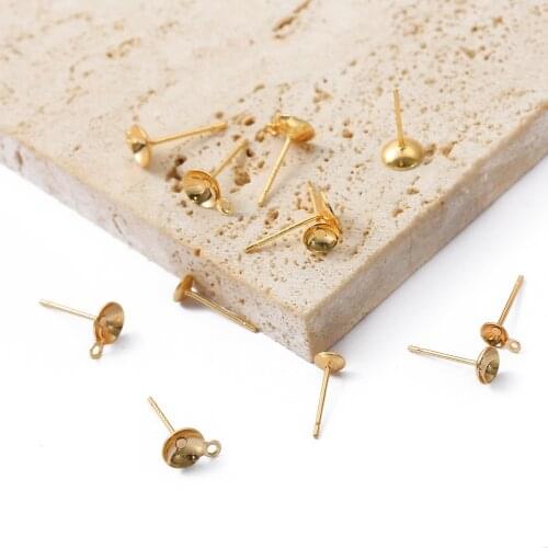 18K Gold 10Pcs Copper 4 5 6mm Concave Stud Earrings Back Plug Ear Pins Needles for DIY Earrings Jewelry Making Findings 040