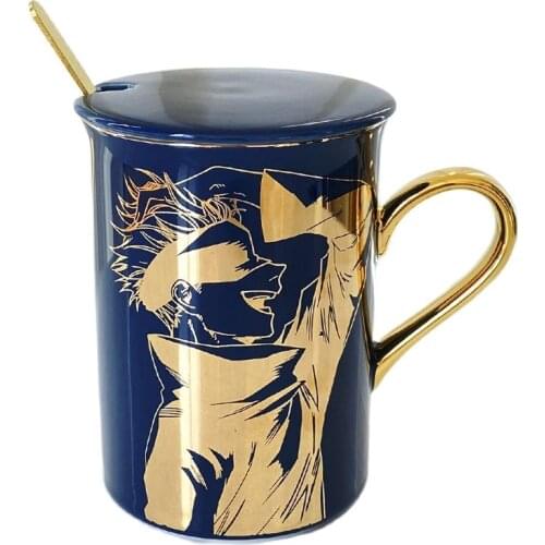 Anime Jujutsu Kaisen Ceramics Cup Gojo Satoru Itadori Yuji Bronzing Bone China Coffee Cup With Spoon and Lid Office Water Cup