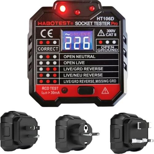 HT106 Digital Display Socket Tester Voltage Test Socket Detector Ground Zero Line Plug Polarity Phase Check Advanced Plug Finder
