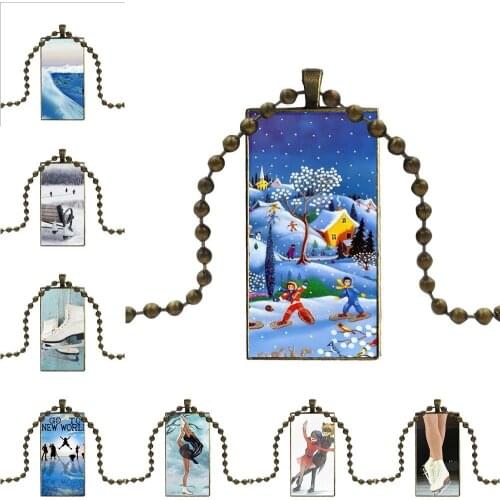 Go Ice Skating With Friend Sports Design Fashion Vintage Glass Women Rectangle Necklace Pendants For Women Choker