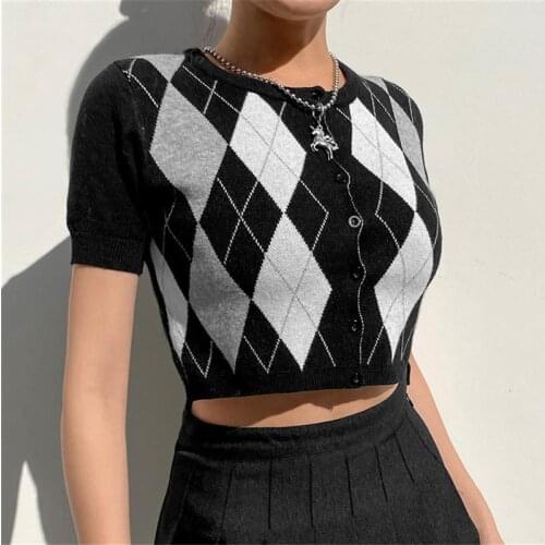 Diamond Plaid Woolen Cardigan T-shirts Vintage O-neck Short Sleeve Buttons Black white Crop Tops Cardigan for women