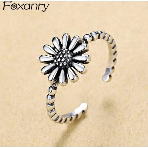 Foxanry Vintage Punk 925 Sterling Silver Sunflower Rings for Women New Fashion Creative Thai Silver Birthday Party Jewelry Gifts