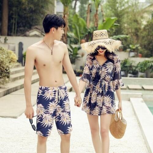 2021 Summer New Leaf Pattern Couple Swimsuit Sexy Bathing Suit Women 3 Piece Bikini Set Hot Spring Quick Dry Men Beach Shorts
