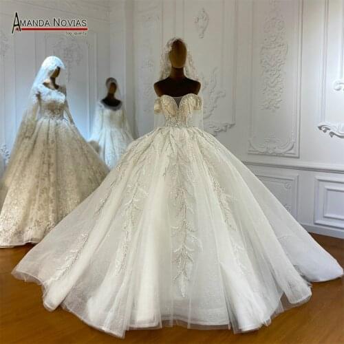 Short Sleeves Off The Shoulder Tulle Top Wedding Gown Custom Made with long train Bridal Dress 2022