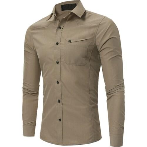 Mens Shirt Long Sleeve Turn Down Collar Solid Color Cardigan Shirt with One Pocket Casual Single-Breasted Slim Type Tops