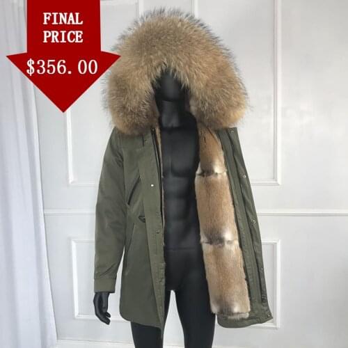 Army Green Mens Casual Wear Real Raccoon Fur Hooded Coat natural Removable muskrat Fur Liner parkas High Quality parka with f