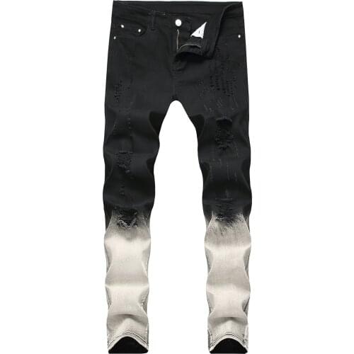 2021 New Men Pants Long Stretch Mens Knee Holes Brand Cool Denim Jeans Hole Jeans Black and Gray Full Color Matching