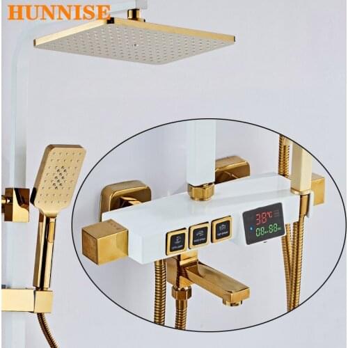 Shower Set Luxury Digital Bathroom Shower Mixer Set Rainfall Shower Head Fashion White Gold Thermostatic Bath Shower System