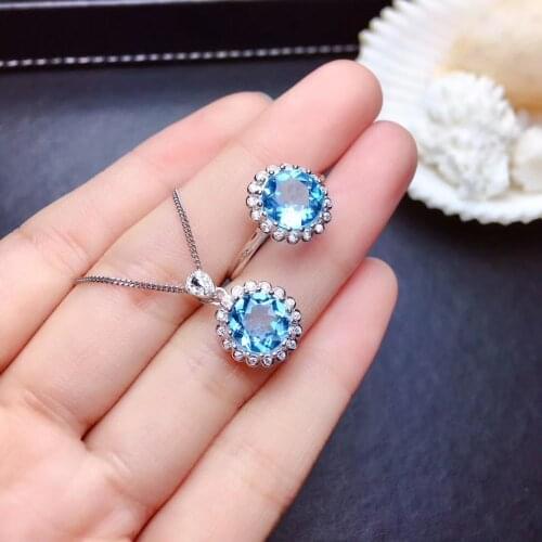 Natural blue topaz gem ring Pendant Natural Gemstone Jewelry Set 925 Silver Elegant round Sun flower Women party gift jewelry