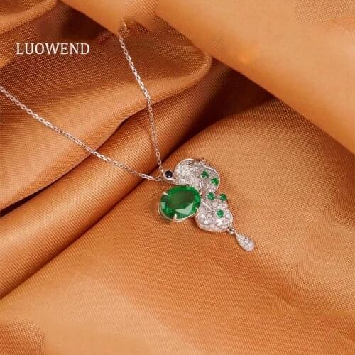 LUOWEND 18K Solid White Gold Gemstone Pendant Necklace Real Natural Emerald Diamond Women Engagement Necklace Engagement Gift