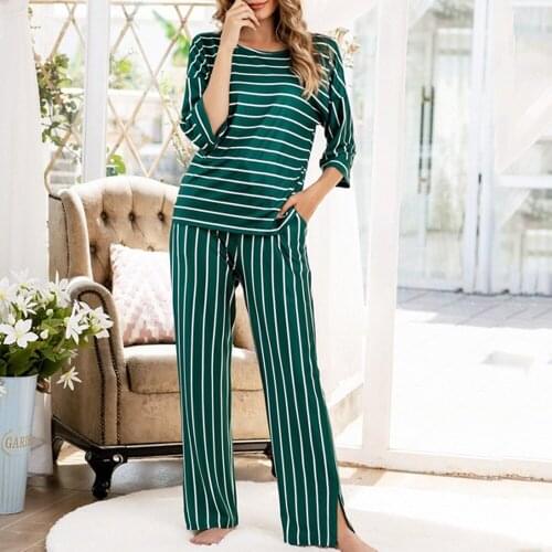 Sexy Womens Pajamas Sets Large Size Striped Shirt+Pants Sleepwear Casual Printed Home Suit Pyjama Femme Loungewear Autumn S-5XL