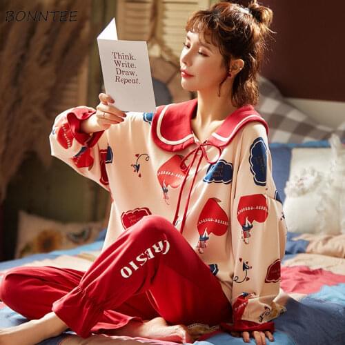 Pajama Sets Women Princess Style Cotton Autumn Long Sleeve Loose Home Kawaii Ulzzang Popular Student Trendy Leisure Soft Sweet
