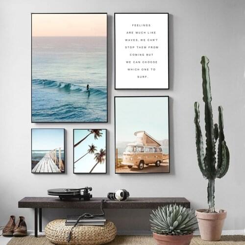 Bus Ocean Beach Landscape Canvas Poster Nordic Wall Art Surfing Print Painting Decorative Pictures for Living Room Home Decor