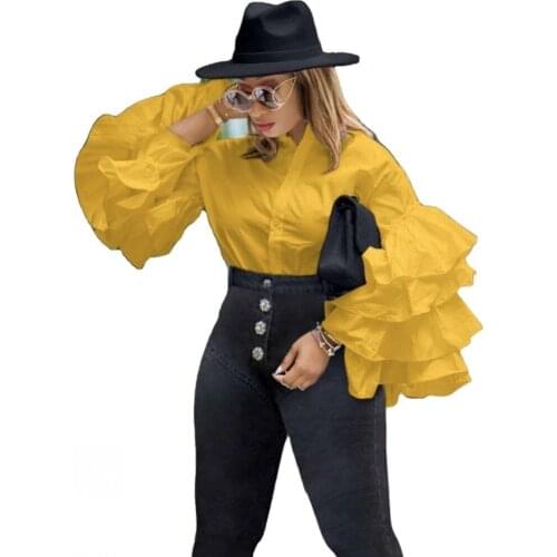 Plus Size Womens African Clothing Womens Blouse Lantern Sleeve Solid Color Cardigan Long Sleeve Top Spring And Autumn New