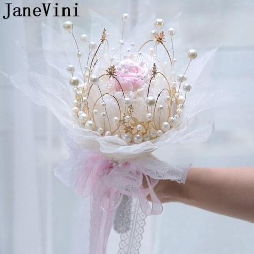 JaneVini 2020 Luxury Crystal Wedding Bouquets with Pearls Beaded Pink Rose Bridal Bouquet Artificial Flowers Wedding Accessories