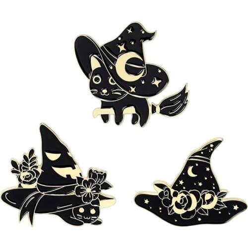 Star Moon Wizard Hat Brooches for Women Friends Custom Witch Cat Enamel Pin Badge Lapel Pins Backpack Jewelry Gift Wholesale