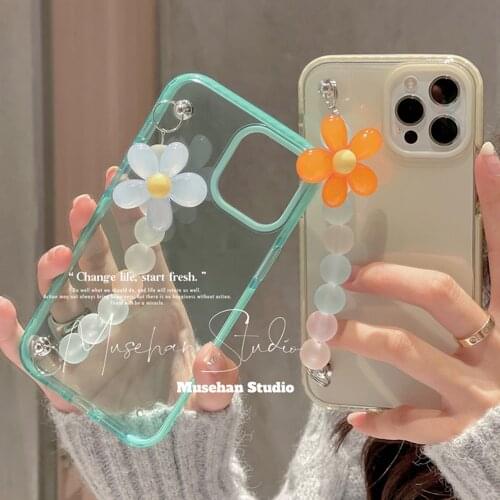 Round Beads Flower Wrist Chain Phone Case For iPhone 12 Pro Max XS MAX 11 Pro Max XR XS 7 8 Plus Clear Shockproof Silicone Cover