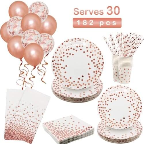 White Rose Gold Birthday Dinnerware Party Supplies Disposable Tableware Plates Cutlery Sets for Girl Women Decorations Wedding