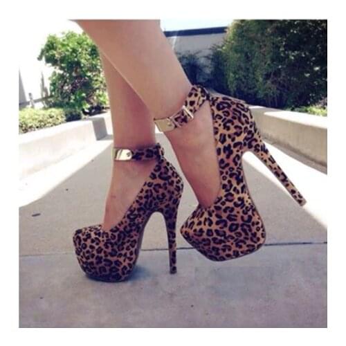 Stylish Brown Leopard cloth ankle strap gold trim 14.5 cm high-heeled shoes, pointed toe pumps womens shoes party shoes