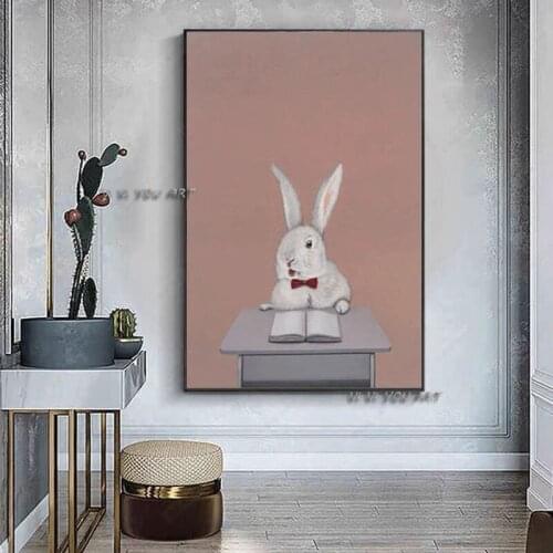 Home decoration hand painted Modern Reading Book Rabbit Art paintings Wall Art Canvas Pictures For reading Room Bedroom Decor