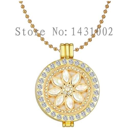 Vinnie Design Jewelry 33mm Sparkling Crystal Flower Coin Pendant Necklace with 80cm Long Ball Chain Necklaces
