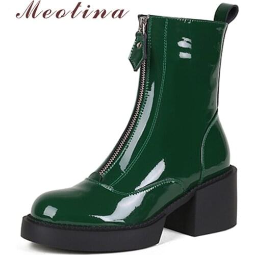 Meotina Women Shoes Cow Patent Leather Ankle Boots Thick High Heel Round Toe Boots Zipper Ladies Boots Autumn Winter Black Green