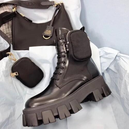 Black Pocket Leather Combat Boots Women Platform Thick Bottom Shoes Woman Belt Military Boots Brand Botas Mujer Runway Booties