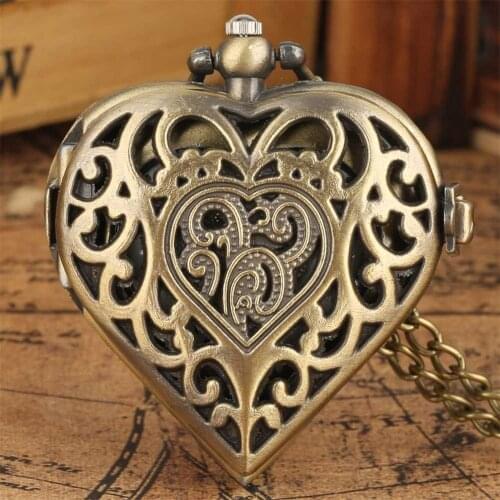 Elegant Heart Shaped Pendant Necklace Watch for Women Retro Pendant Quartz Pocket Watch Gifts Female