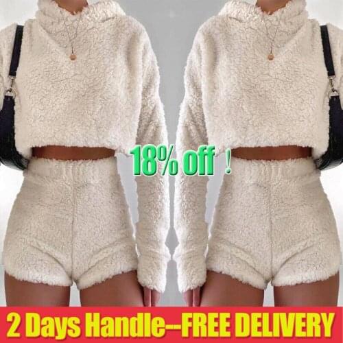 Womens Teddy Bear Fluffy Fleece Hoodies Shorts Winter Thick Warm Set Tracksuit
