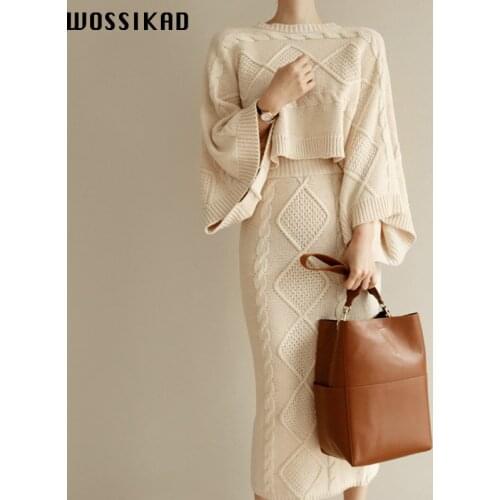 Dress Women Party Night High Quality Autumn Winter 2 -piece Set Puff Sleeve Tops + Long Dress Womens Sweaters Fall Vestidos