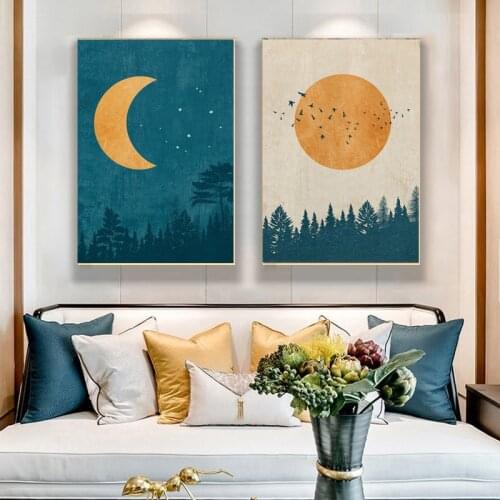 Abstract Bohemian Landscape Moon Sun Canvas Painting Wall Art Creative Posters and Prints Retro Forest Bedroom Living Room Decor