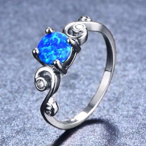 Bamos Female Cute Round Ring White/Blue/Purple Opal Ring 925 Sterling Sliver Filled Fashion Wedding Party Jewlery Best Gifts