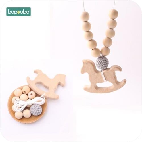 Bopoobo 1set Wooden Trojan Teether DIY Set Crochet Beads Mommy Hands-on Baby Birthday Gift BPA Free DIY Bracelet Baby Teether