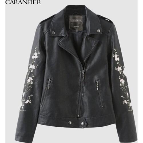 CARANFIER 2019 New Women Punk Faux Leather Jacket Black Street Long Sleeve Embroidery Flower Motorcycle Zipper Soft Leather Coat