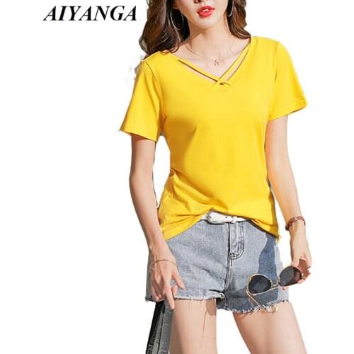 Cotton White T Shirts Womens T Shirts 2019 Summer T-Shirts V Neck Short Sleeve Casual Tops and Pullovers Solid Color Top