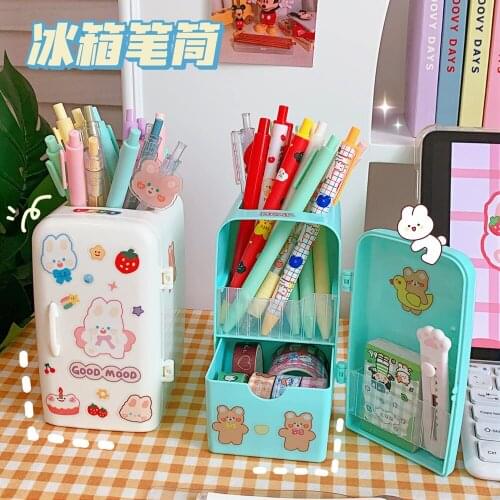 Cute Cartoon Refrigerator Pen Holder Large Capacity Desktop Storage Box Organizer Stationery Kawaii Multifunctional Pencil Case