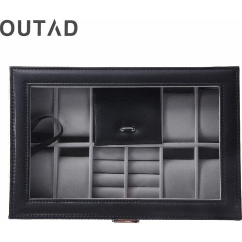 OUTAD 2 In One 8 Grids+3 Mixed Grids PU Leather Watch Case Storage Organizer Box Luxury Jewelry Ring Display Watch Boxes Black