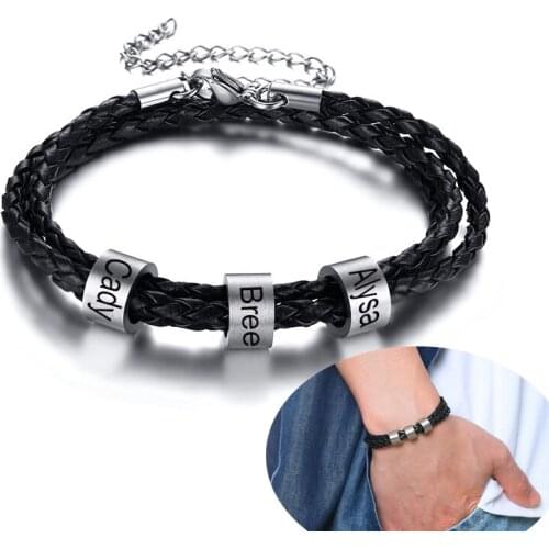 Personalized Free Custom Name Men Beaded Bracelet Stainless Steel Bead Braided Rope Bracelet For Family Friend,Lover Gift