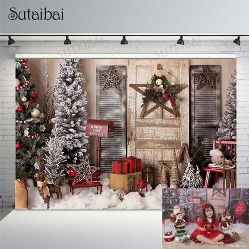 Christmas Photography Backdrop Christmas Tree Retro Vintage Wooden Wall Door Gifts Photo Background Kids Baby Portrait Photocall