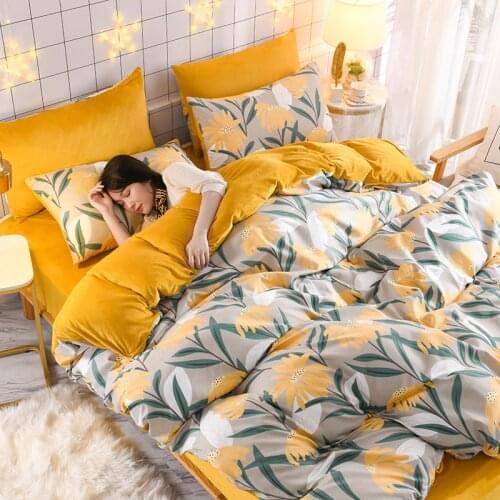 Pure cotton thick coral fleece flannel duvet cover sheet winter simple rural style four-piece cotton plus fleece bed