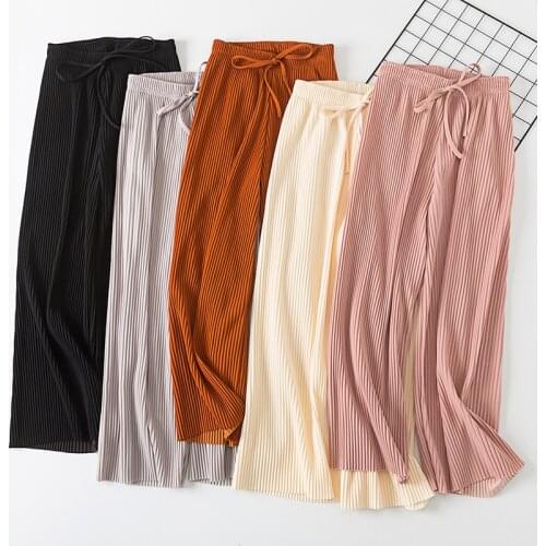 Spring Solid Pleated Wide Leg Trousers for Women Female Summer High Waist Chiffon Sashes Korean Casual Ankle Pants
