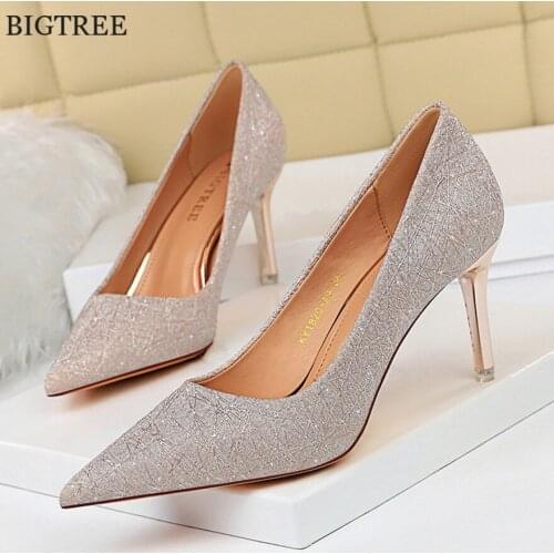 7.5/10.5cm Bling Bridal Womens Wedding Shoes 2021 High Heels Office Ladies Dress Shoes Pointed Toe Slip On Classics Women Pumps