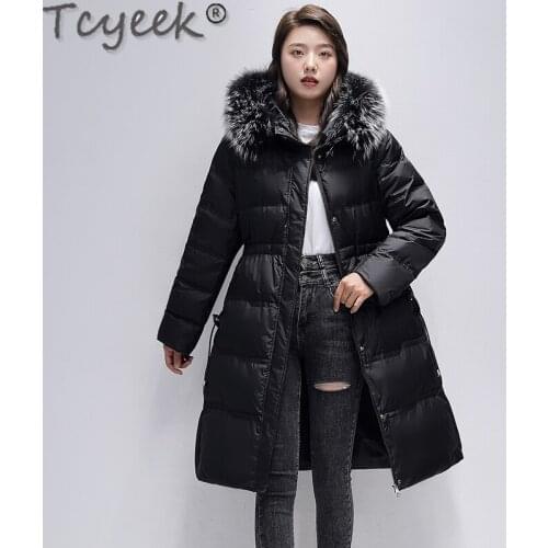 Tcyeek Winter Puffer Jacket Women Raccoon Fur Collar Down Coat Famale Long Warm Korean Style Parkas Casacas Para Mujer SQQ518