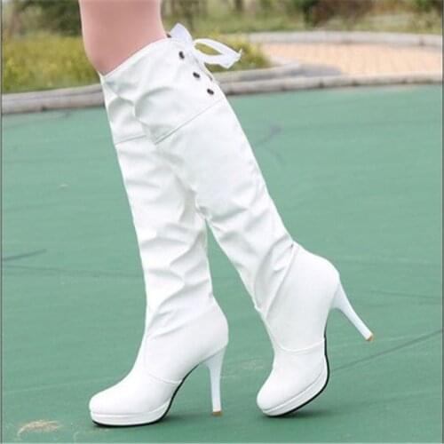 Women Long Boots Autumn Winter Warm Leather Platform Knee High Boots Platform Sexy Female High Heel Boot Botas Mujer Black White