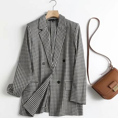 Dave&Di England Style Vintage Plaid Oversize Double Breasted Loose Blazer Mujer 2021 Blazers Women And Jackets Top
