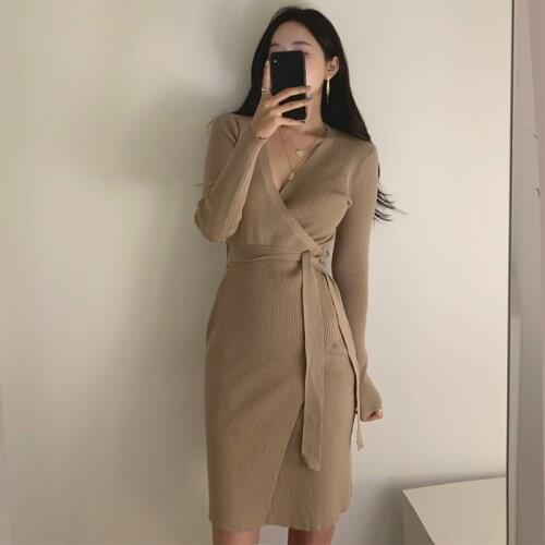 Trendy Winter Dresses For Women Novel Elegant Belted Midi Sweater Dress V Neck Long Sleeve Ribbed Knitted Sexy Bodycon Dress