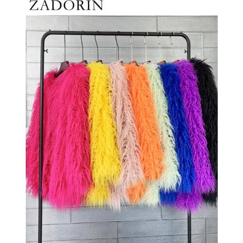 ZADORIN 2021 Winter Long Faux Fur Coat Women Korean Fashion Candy Color Long sleeve Fluffy Faux Sheep Fur Jacket Black Pink Coat