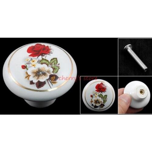 1.5" Dia White Red Floral Prints Ceramic Furniture Door Pull Knob Handle 5 Pcs