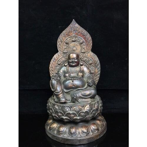 12" Tibet Buddhism Old Bronze Cinnabars Maitreya Buddha Statue Future buddha Sit backlit buddha stand Enshrine the Buddha