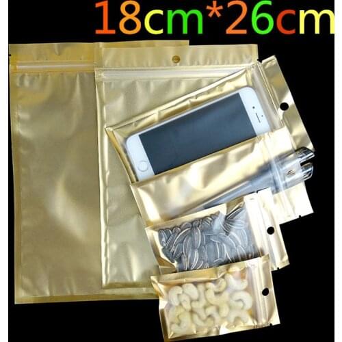 18cm*26cm Golden / Clear Self Sealing Zipper Plastic Retail Pack Package Storage Bag, Zip Lock Bag Retail Packing W/ Hang Hole